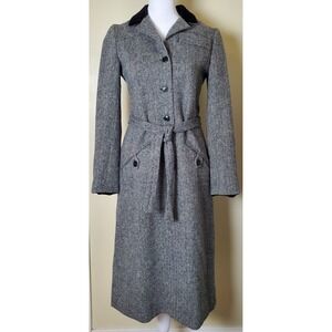 Vintage Albert Capraro Tweed Herringbone Wool Dress Size 6 Velvet Collar Cuffs